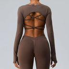 Sexy Women's Backless Shirt Seamless Crop Top Fitness Shirts Long Sleeve Gym Workout Sports Top Woman Front Yoga Tops Activewear