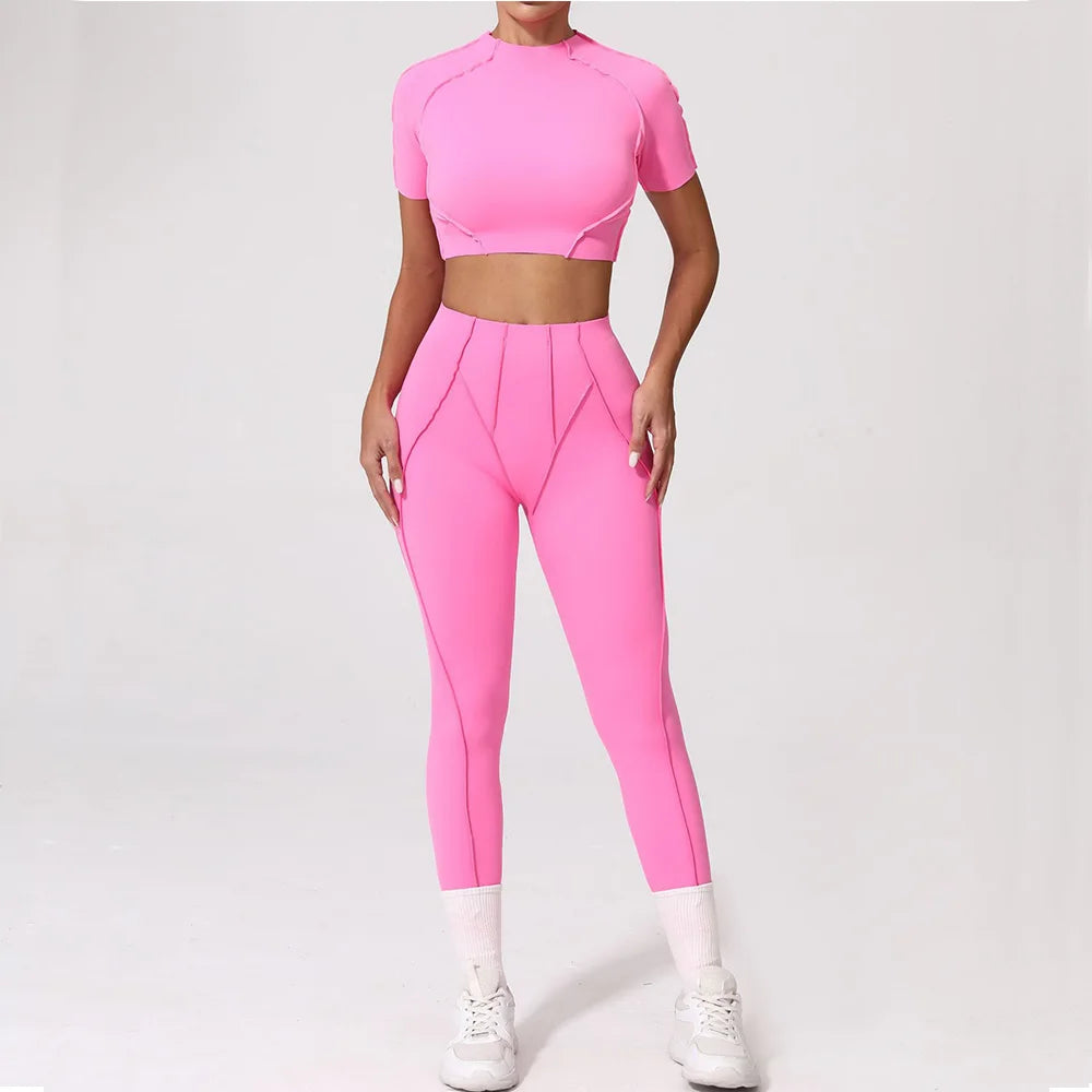 Women's Tracksuit Fitness Suit Yoga Sets Sportswear Workout Short Sleeves Sports High Waist Leggings Gym Clothing Sports Suits