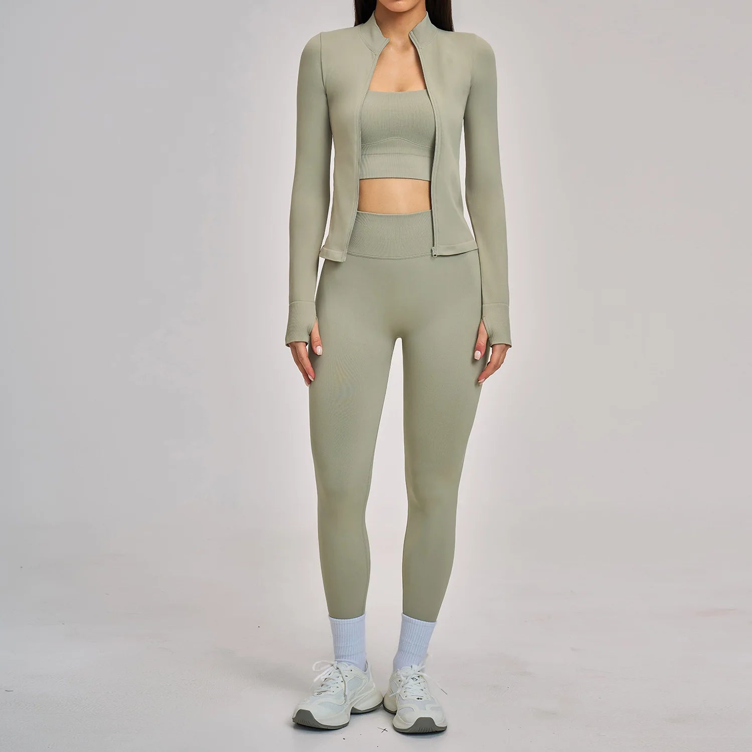 Seamless Yoga Set Women's Tracksuit Gym Long Sleeves Fitness Outfits Woman 3 Pieces Leggings Sports Bra Sportwear Woman Clothes