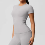 JUREN New Women Running Sports T Shirt Summer Short Sleeve Round Neck Breathable Stretchy Gym Yoga Slim Fitness Active Top Tee