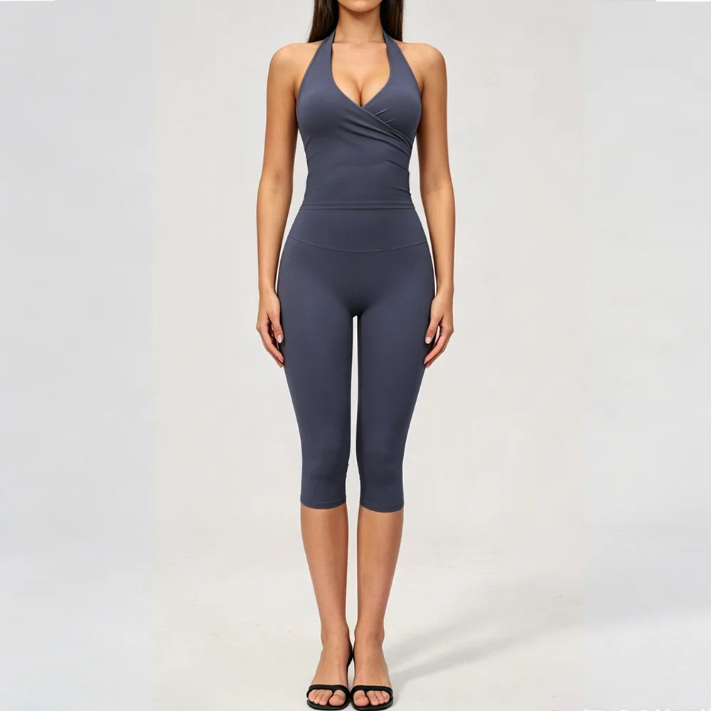 Yoga Set 2PCS Women Tracksuit Sports Set Fitness Outfits Sportswear Workout Clothes Running Capri Pants Gym Suit Athletic Wear