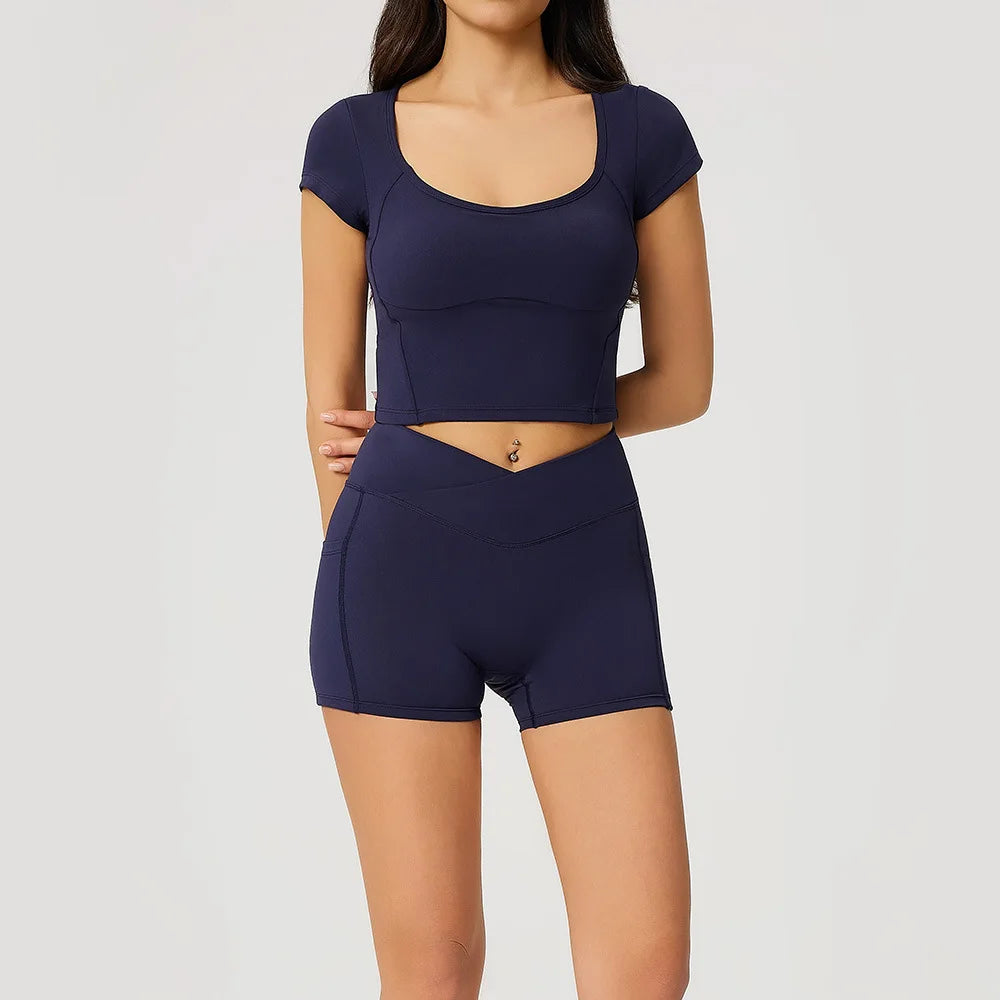 2 Pieces Yoga Set For Women Gym Clothes Sportswear Yoga Suits Fitness Short Sleeve Crop Top Tracksuits Sports Bra Gym Leggings