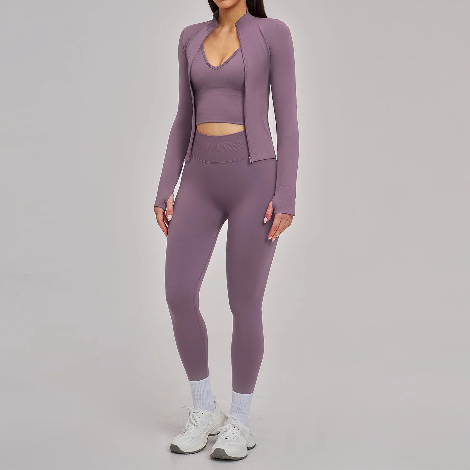 Seamless 3PCS Yoga Suit Sports Set Women Yoga Tracksuit Gym Running Workout Clothes Zipper Long Sleeve Sports Bra Athletic Wear