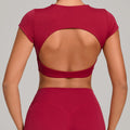JUREN Sports Shirts Breathable Workout Tops Fitness Short Sleeves Female Backless Yoga Clothing Sport Crop Tops Women Gym Top