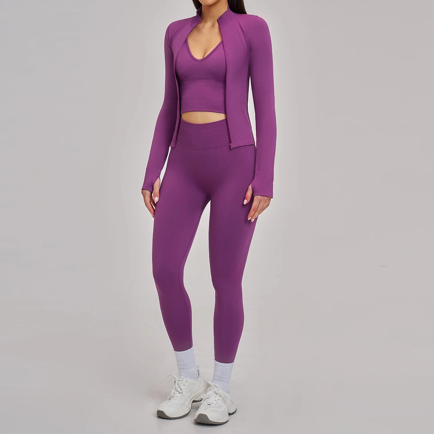 Seamless 3PCS Yoga Suit Sports Set Women Yoga Tracksuit Gym Running Workout Clothes Zipper Long Sleeve Sports Bra Athletic Wear