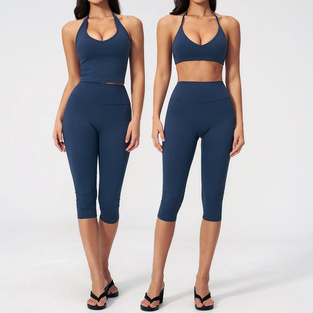 Yoga Set 2PCS Sports Set Short Sleeve Fitness Outfits Women Tracksuit Workout Clothes Running Capri Pants Gym Suit Athletic Wear
