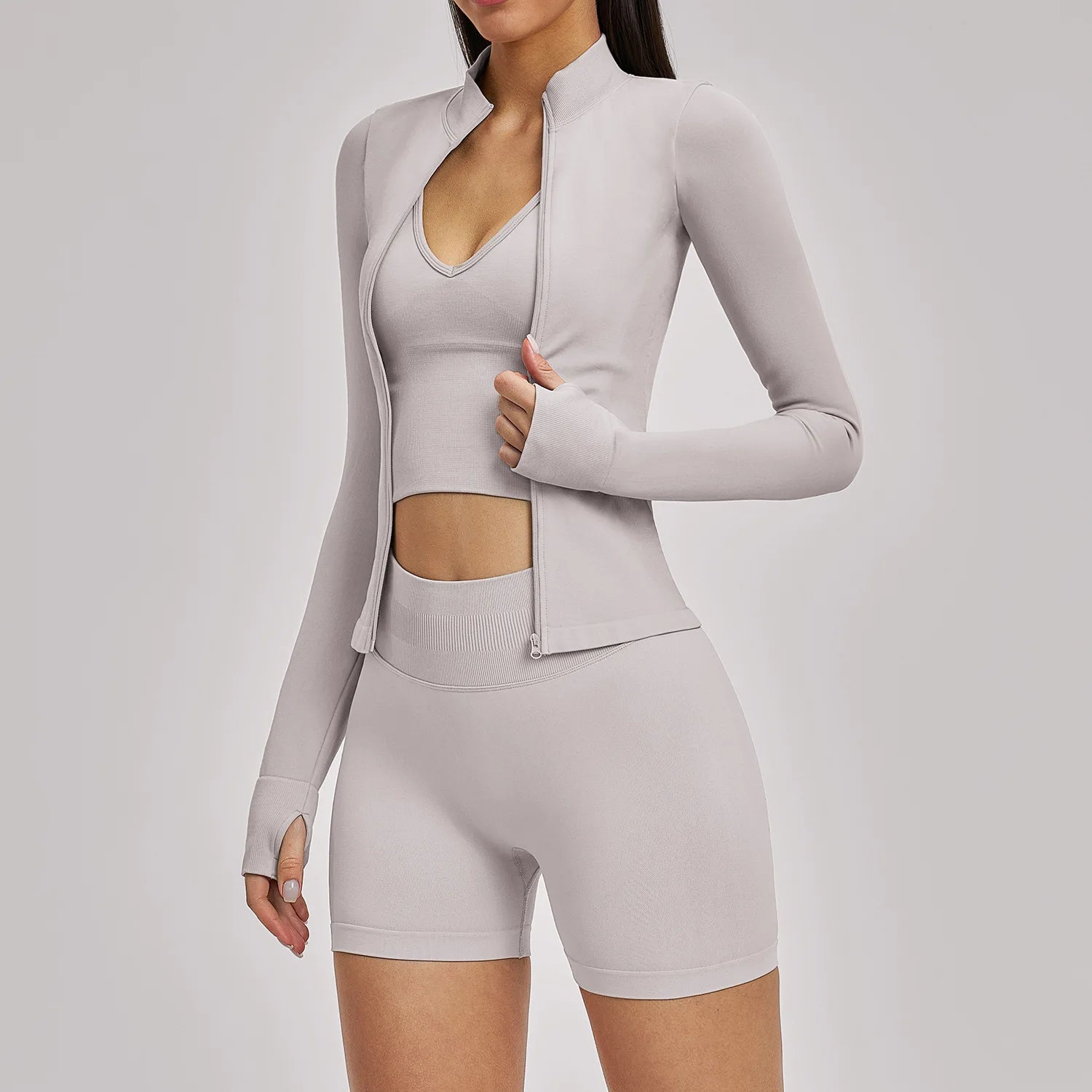 Seamless 3PCS Yoga Suit Sports Set Women Yoga Tracksuit Gym Running Workout Clothes Zipper Long Sleeve Sports Bra Athletic Wear