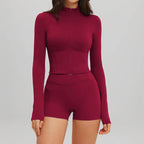 2PCS Yoga Set Women Workout Outfits Sportswear Gym Clothing Fitness Zipper Long Sleeve High Waist Shorts Sports Suit Tracksuit