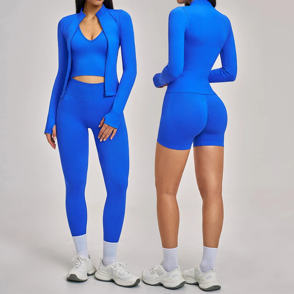 Seamless 3PCS Yoga Suit Sports Set Women Yoga Tracksuit Gym Running Workout Clothes Zipper Long Sleeve Sports Bra Athletic Wear