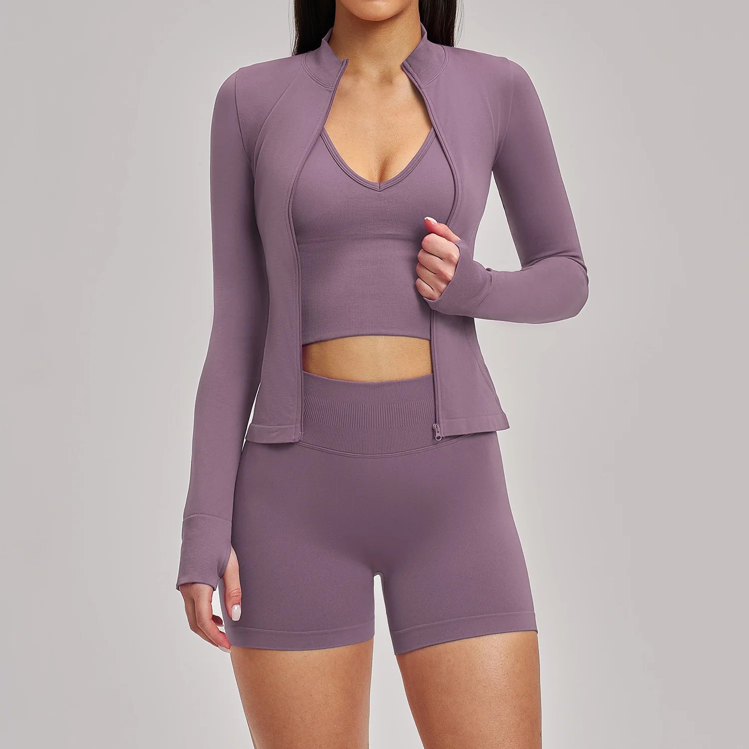 Seamless 3PCS Yoga Suit Sports Set Women Yoga Tracksuit Gym Running Workout Clothes Zipper Long Sleeve Sports Bra Athletic Wear