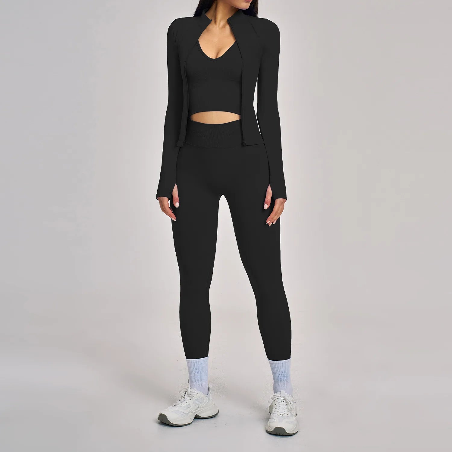 Seamless 3PCS Yoga Suit Sports Set Women Yoga Tracksuit Gym Running Workout Clothes Zipper Long Sleeve Sports Bra Athletic Wear