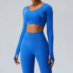 Sexy Women's Backless Shirt Seamless Crop Top Fitness Shirts Long Sleeve Gym Workout Sports Top Woman Front Yoga Tops Activewear