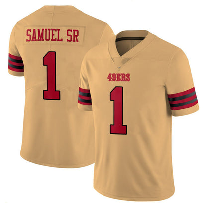 SF.49ers #1 Deebo Samuel Sr Gold Red Fashion Stitched American Football Personalize Birthday Gifts Vapor Limited Jersey