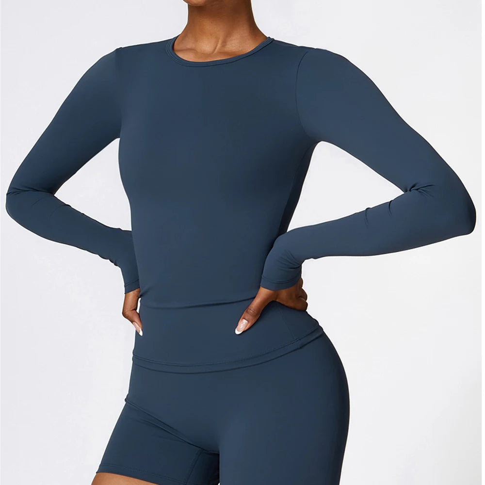Yoga T-shirts Solid Sports Top Women Long Sleeve Gym Workout Running Shirts Sexy Exposed Navel Quick Dry Fitness Gym Sport Wear