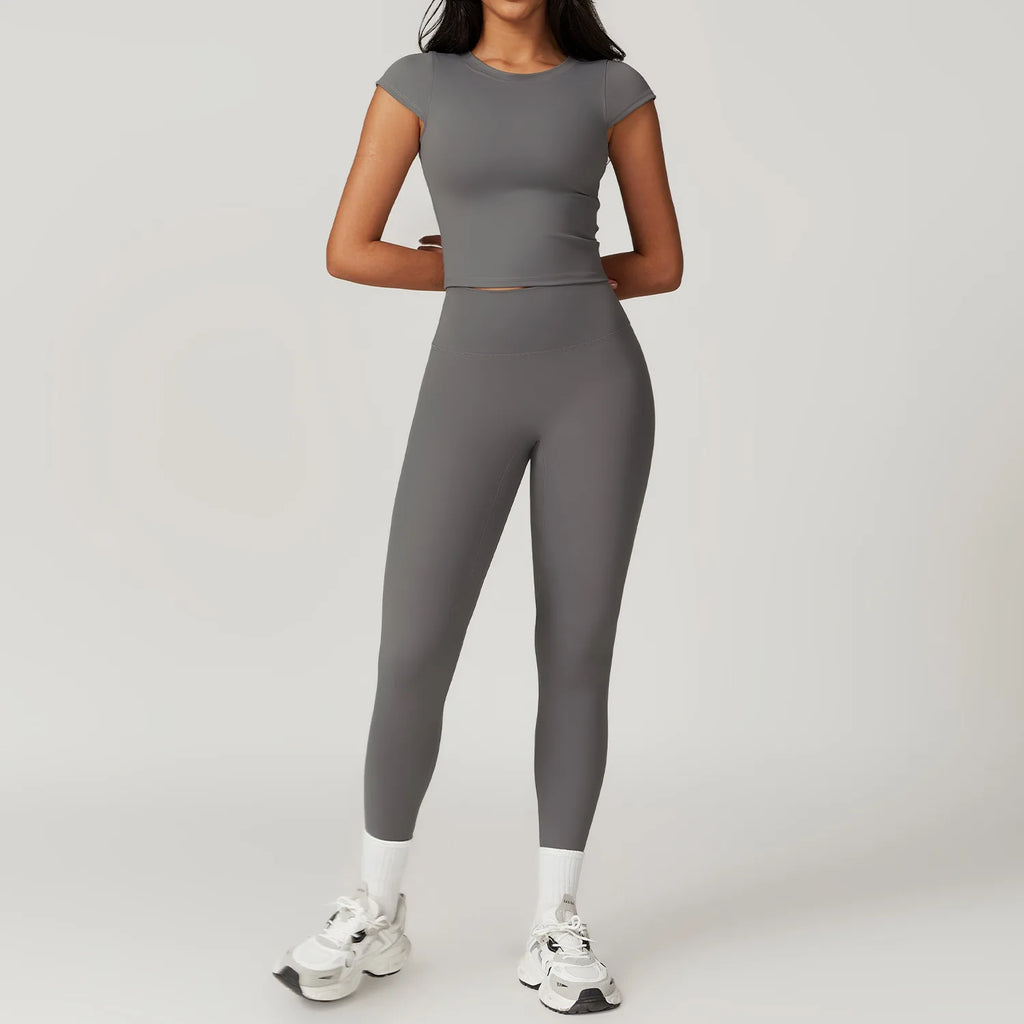 Yoga Set 2PCS Sports Suit Gym Leggings Women Clothes Fitness Tracksuit Workout Short Sleeve Female Yoga Short Skirt Sportswear