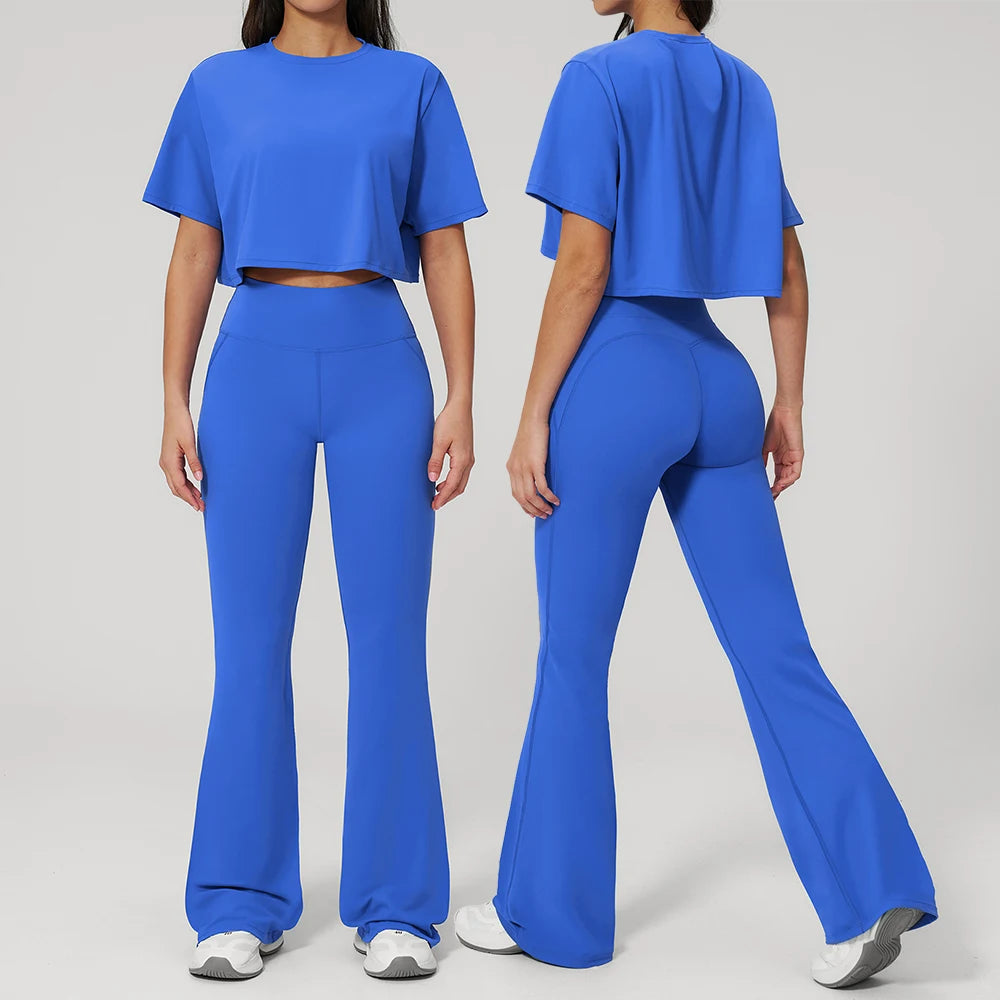 Women Yoga Set 2PCS Seamless Sportswear Workout Clothes Athletic Wear Gym Legging Fitness Bra Crop Top Short Sleeves Sports Suit