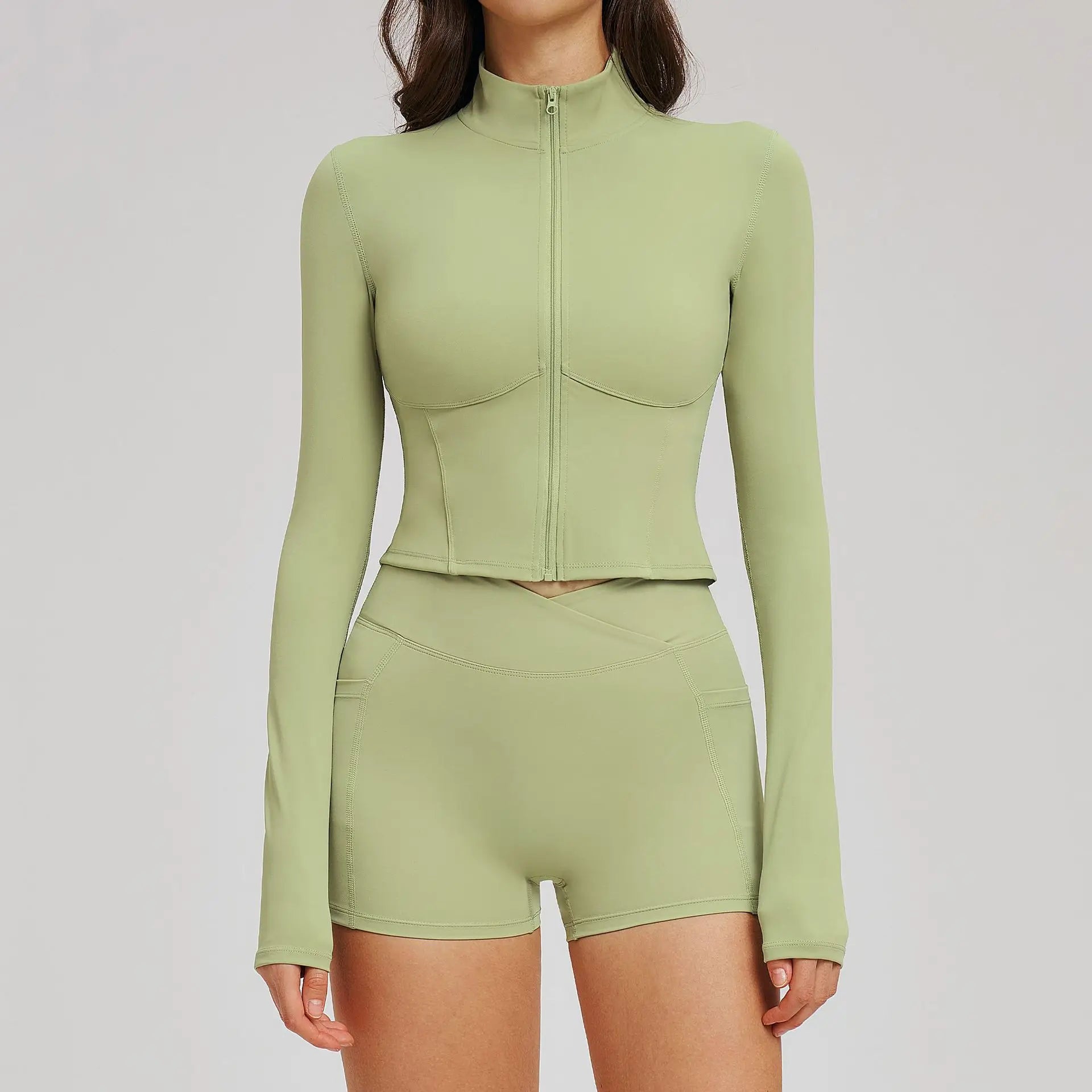 2PCS Yoga Set Women Workout Outfits Sportswear Gym Clothing Fitness Zipper Long Sleeve High Waist Shorts Sports Suit Tracksuit
