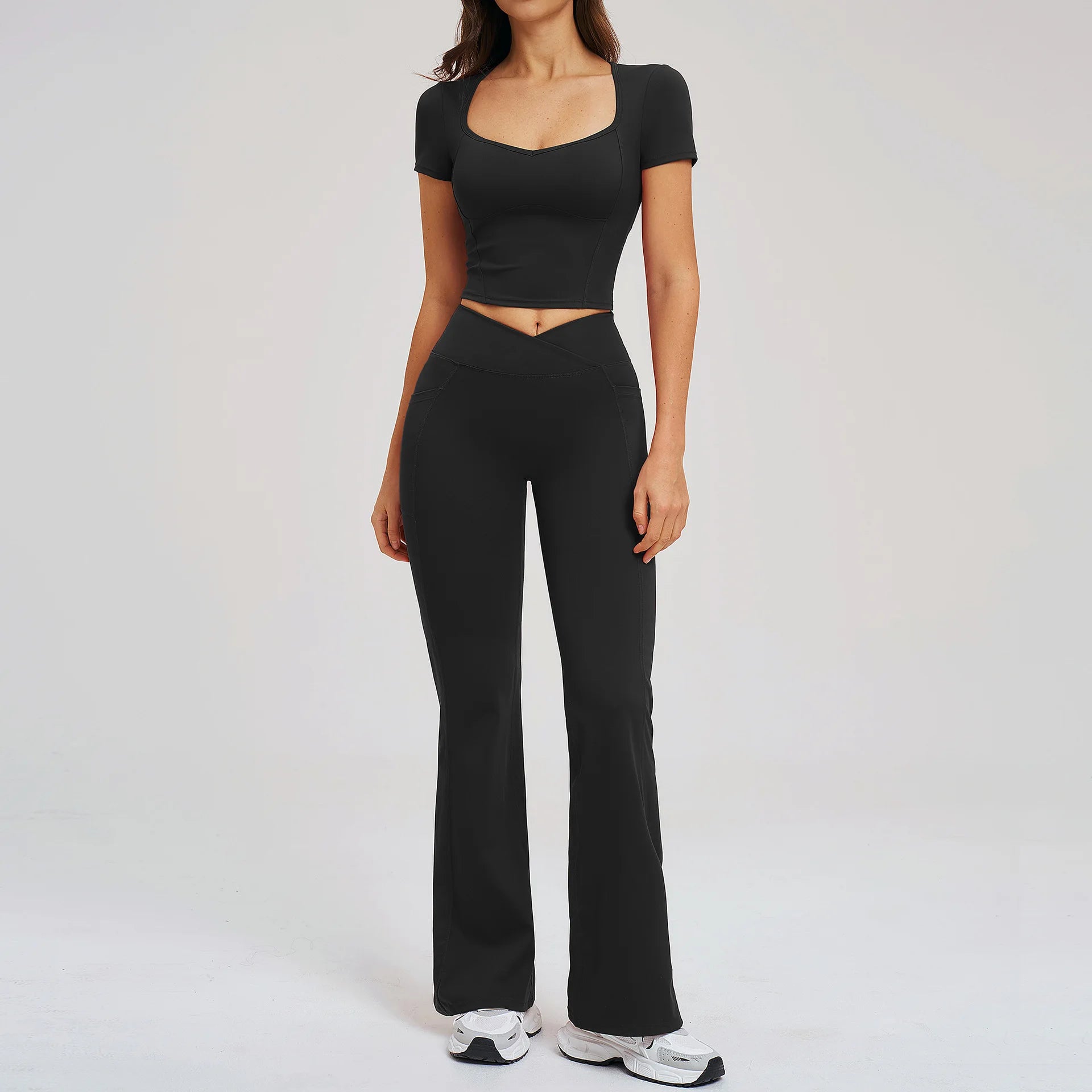 Yoga Set 2 Pieces Gym Clothes Sportswear Yoga Outfits For Women Fitness Short Sleeve Crop Top Tracksuits Sports Set Gym Leggings