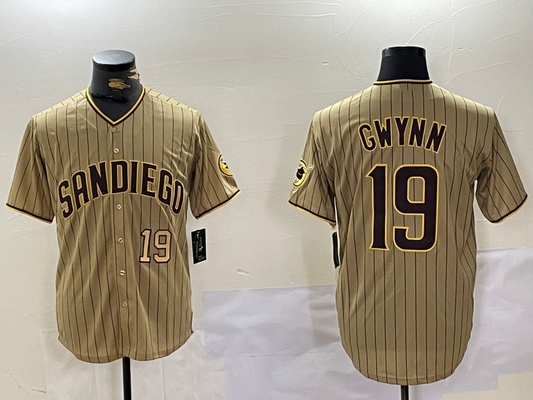 San Diego Padres #19 Tony Gwynn Khaki Team Logo Cool Base Stitched Baseball Jersey