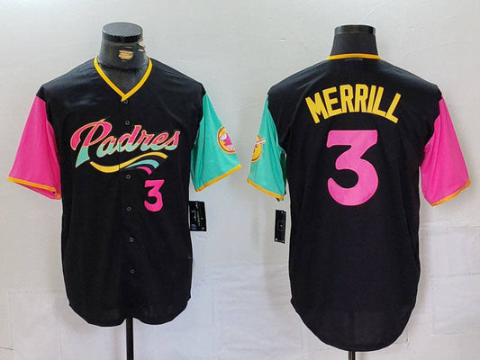 San Diego Padres #3 Jackson Merrill Black Player Number Fashion Baseball Jersey