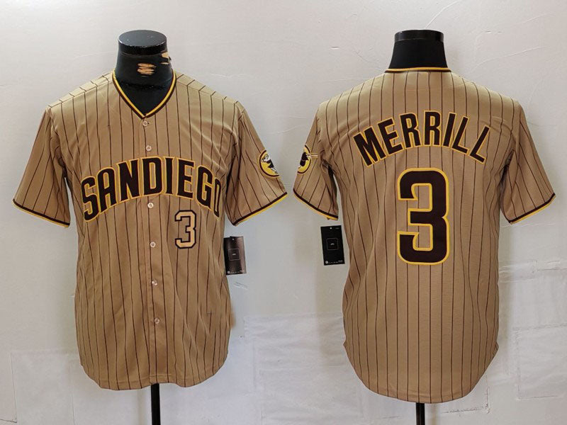 San Diego Padres #3 Jackson Merrill Tan NEW 2023 Cool Base Stitched Baseball Jersey