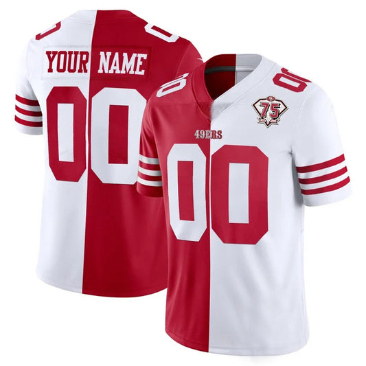 Custom San Francisco 49ers Red White Split With 75th Anniversary Football Jerseys