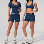 2PCS Athletic Wear Women's Tracksuit Sports Yoga Set Fitness Outfits Gym Clothes Sportswear Knitted Short Sleeve Top Gym Shorts