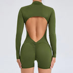 JUREN Sexy Back V Jumpsuit Women Tracksuit Yoga Set Sports Zipper Rompers Gym Long Sleeve Fitness Suit Gym Workout Bodysuit