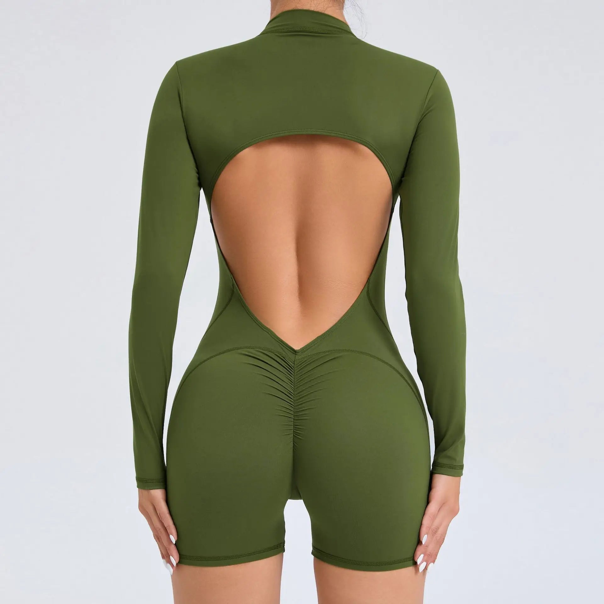 JUREN Sexy Back V Jumpsuit Women Tracksuit Yoga Set Sports Zipper Rompers Gym Long Sleeve Fitness Suit Gym Workout Bodysuit