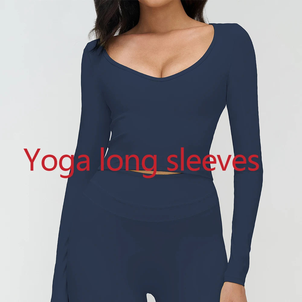 Women Yoga Shirts Crop Top Long Sleeves Shirts Women Yoga Sports Fitness T-shirt Running Gym Clothes High Elastic Workout Tops