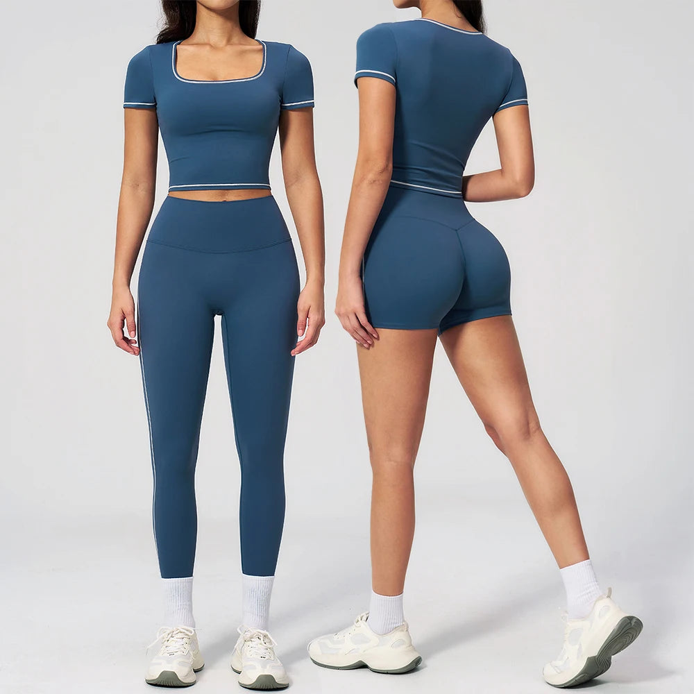Women Yoga Set 2PCS Seamless Sportswear Workout Clothes Athletic Wear Gym Legging Fitness Bra Crop Top Short Sleeve Sports Suits