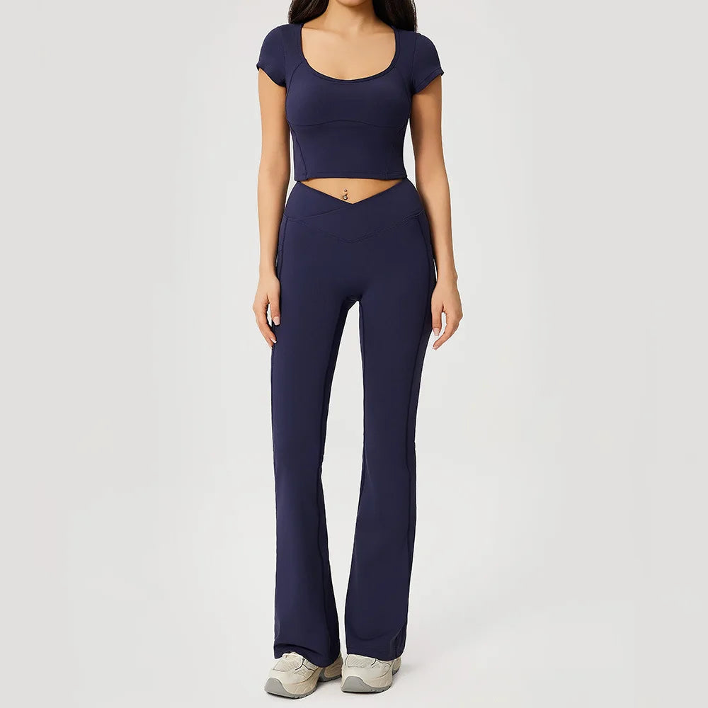 2 Pieces Yoga Set For Women Gym Clothes Sportswear Yoga Suits Fitness Short Sleeve Crop Top Tracksuits Sports Bra Gym Leggings