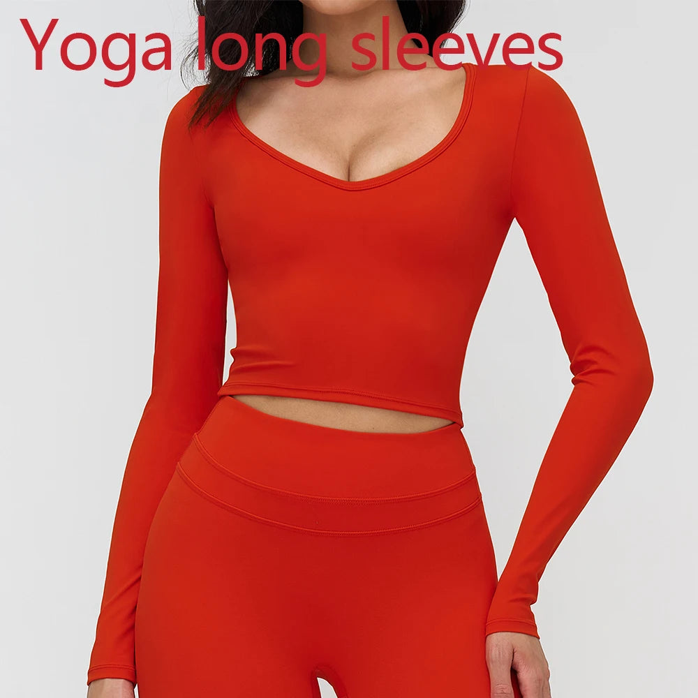 Women Yoga Shirts Crop Top Long Sleeves Shirts Women Yoga Sports Fitness T-shirt Running Gym Clothes High Elastic Workout Tops
