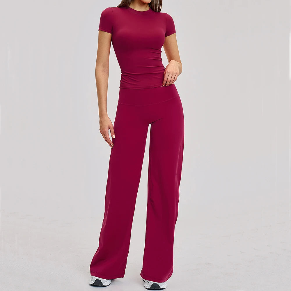 Women Yoga Set 2PCS Workout Outfits Sportswear Gym Clothing Fitness Short Sleeves High Waist Leggings Set Cycling Sports Suits