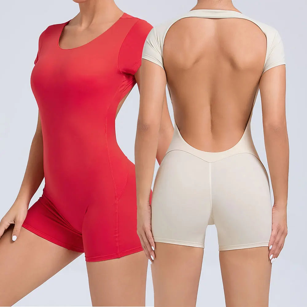 JUREN Jumpsuit Yoga Set Women Workout Set One Piece Sports Suit Short Sleeve Gym Clothes Push Up Fitness Set Bodysuit Sportswear