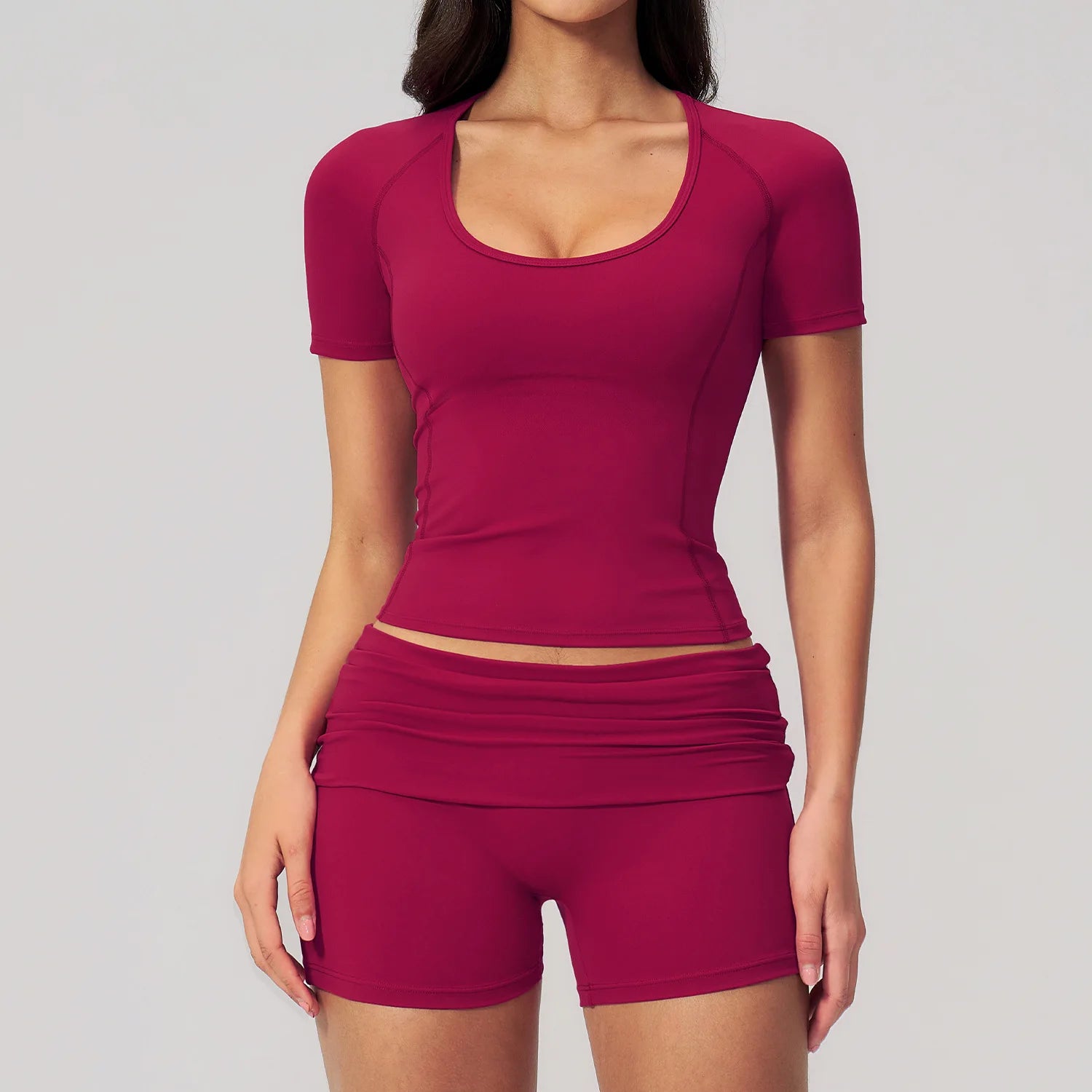 2PCS Athletic Wear Women's Tracksuit Sports Yoga Set Fitness Outfits Gym Clothes Sportswear Knitted Short Sleeve Top Gym Shorts