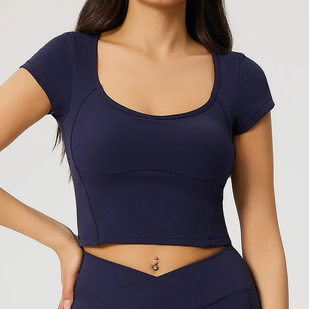 Women Tight Fitting Sports T-shirt Quick Drying Workout Short Sleeved Yoga T-shirt Pilate Running Exercise Fitness Short Sleeved