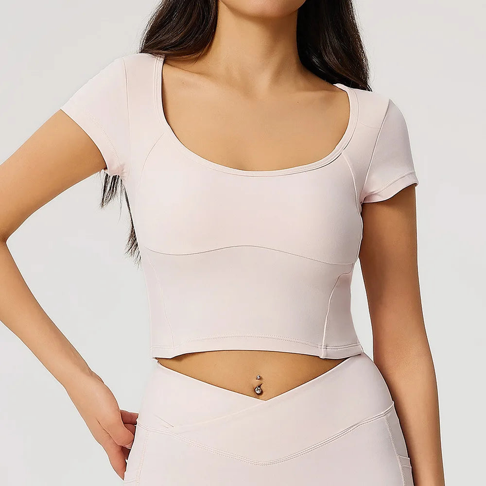 Women Tight Fitting Sports T-shirt Quick Drying Workout Short Sleeved Yoga T-shirt Pilate Running Exercise Fitness Short Sleeved