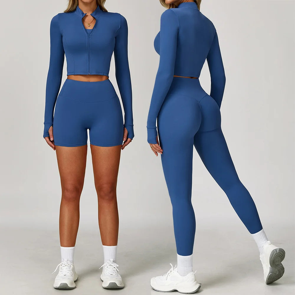 3PCS Yoga Set Gym Clothes Sportswear Yoga Suits For Women Tracksuits Long Sleeve Crop Top Fitness Set Sports Bra Gym Leggings