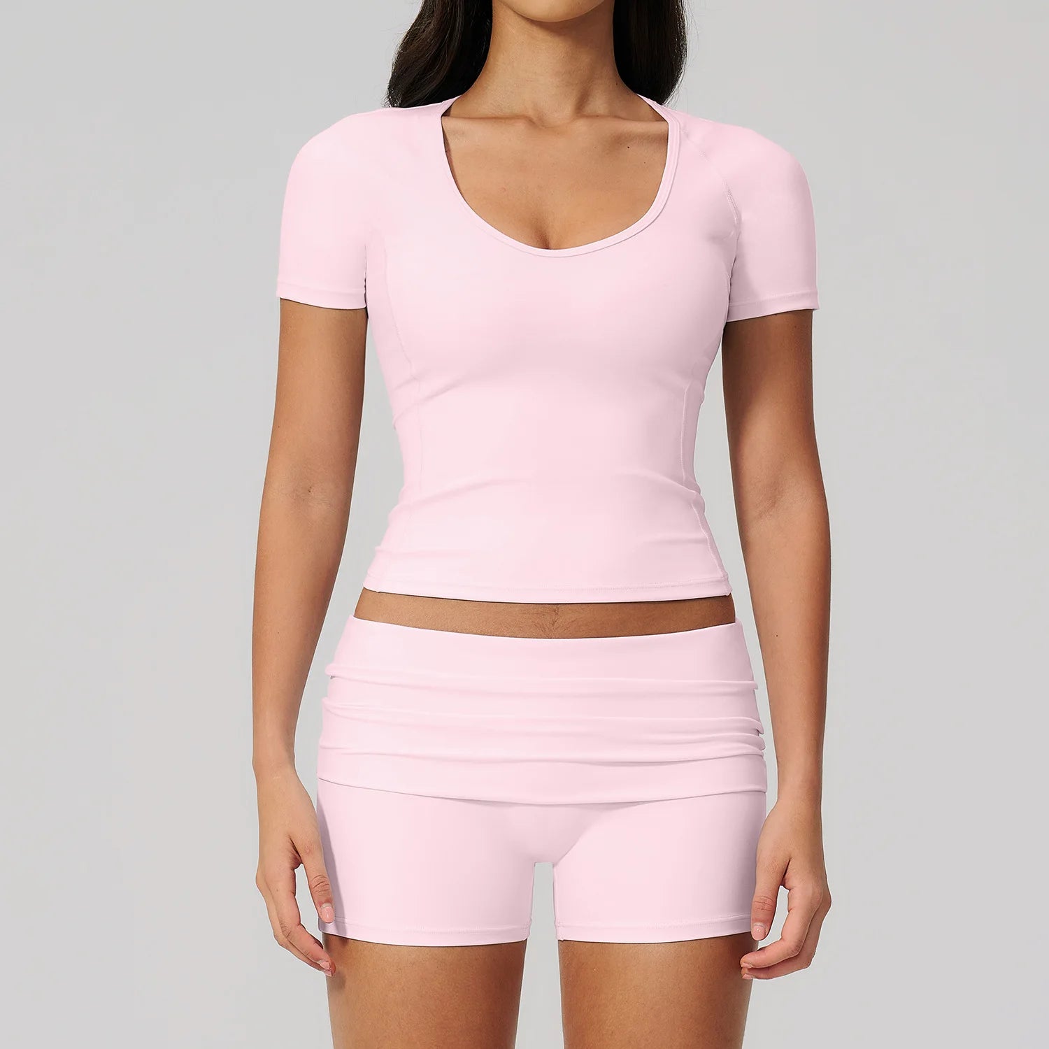 2PCS Athletic Wear Women's Tracksuit Sports Yoga Set Fitness Outfits Gym Clothes Sportswear Knitted Short Sleeve Top Gym Shorts