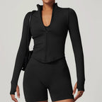 Ribbed Yoga Tops Women's Standing Collar Yoga Long Sleeved Sports Jacket Running Training Fitness Top Gym Workout Running Shirt