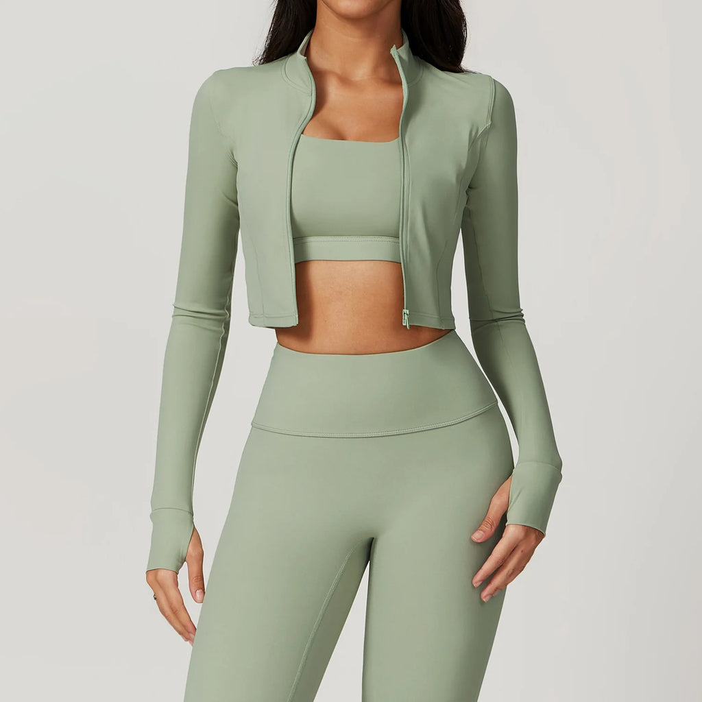 Women Outdoor Sports Long Sleeved Slim Yoga Clothes Quick Dry Zipper Cardigan Stand Up Collar Jacket Running Fitness Jacket Top