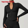 Ribbed Yoga Tops Women's Standing Collar Yoga Long Sleeved Sports Jacket Running Training Fitness Top Gym Workout Running Shirt