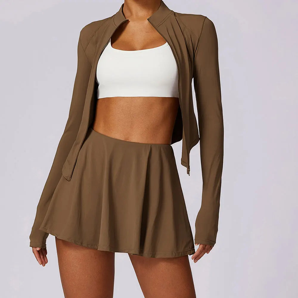 Summer Yoga Set 2 Pieces Outdoor UV Protection Sports Long sleeved Sunscreen Coat Quick drying Ice Silk Cool Running Short Skirt