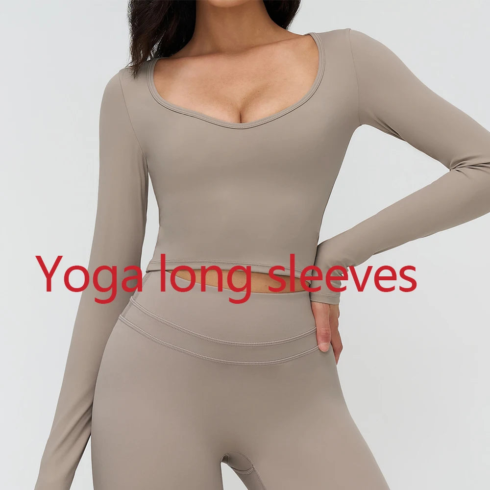 Women Yoga Shirts Crop Top Long Sleeves Shirts Women Yoga Sports Fitness T-shirt Running Gym Clothes High Elastic Workout Tops