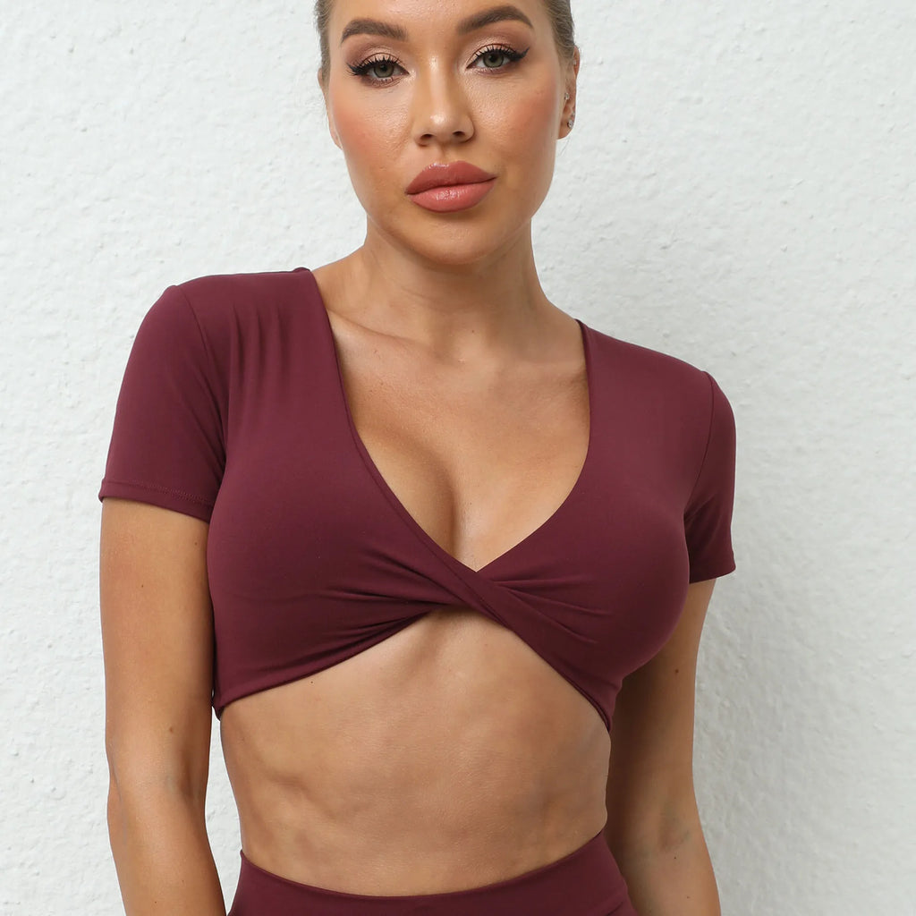 Sexy V Neck Crop Top Women Short Sleeve Yoga Shirt Naked Feeling Fitness Workout Tops Gym Clothes Sportswear Running T-shirts