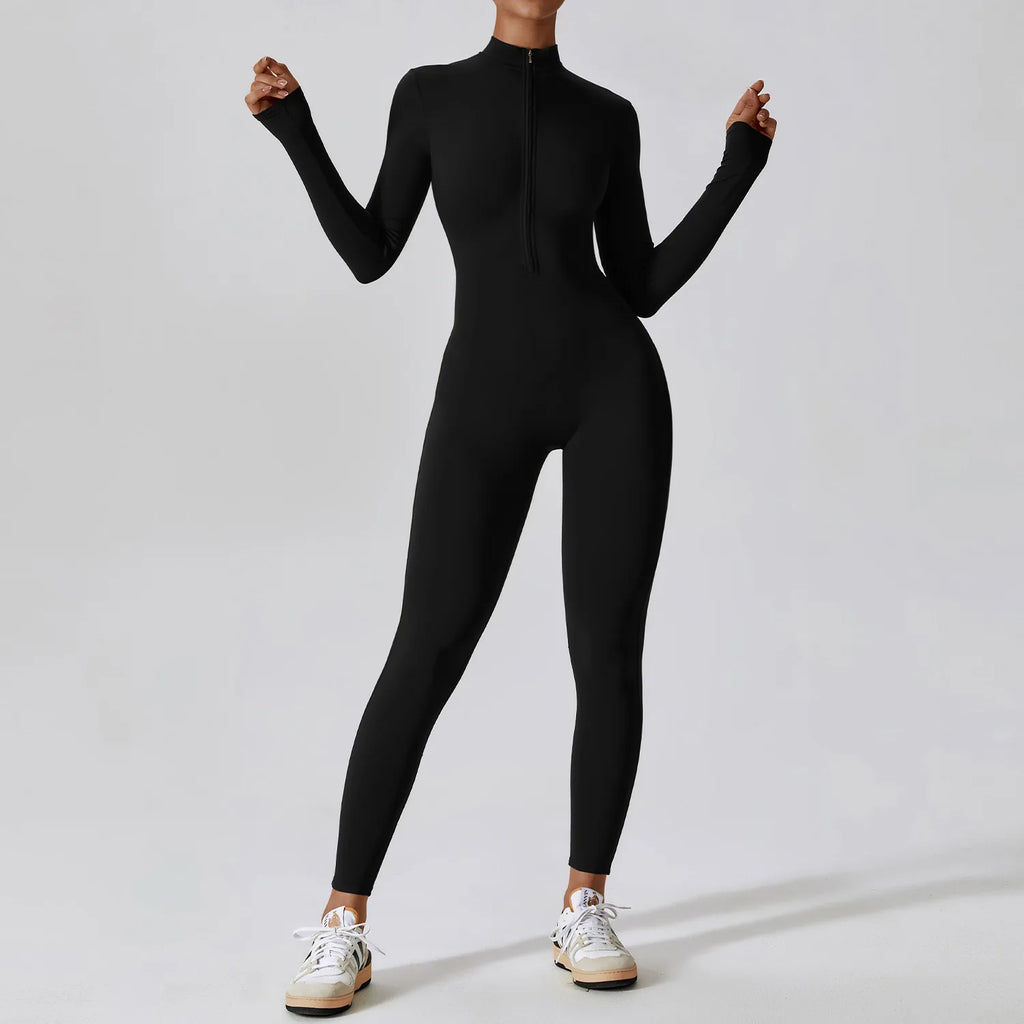 Women's Yoga Boilersuit Long Sleeved Sportswear Gym Zipper Jumpsuits Workout High-intensity Fitness One-piece Skin-tight Garment