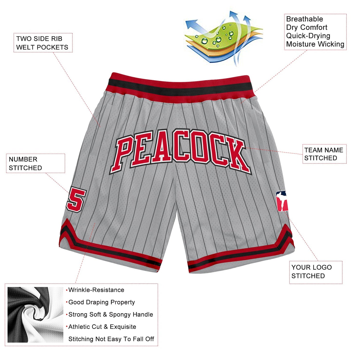 Custom Gray Black Pinstripe Red-White Authentic Basketball Shorts