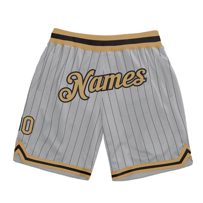 Custom Gray Black Pinstripe Old Gold-Black Authentic Basketball Shorts