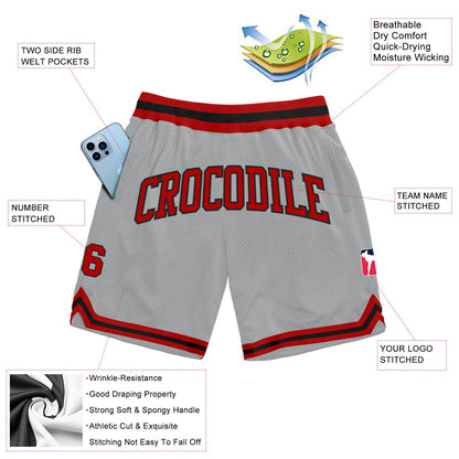 Custom Gray Red-Black Authentic Throwback Basketball Shorts